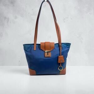 Tory Burch Blue Nylon Tote Tan Leather Trim Gold Hardware Shoulder Bag